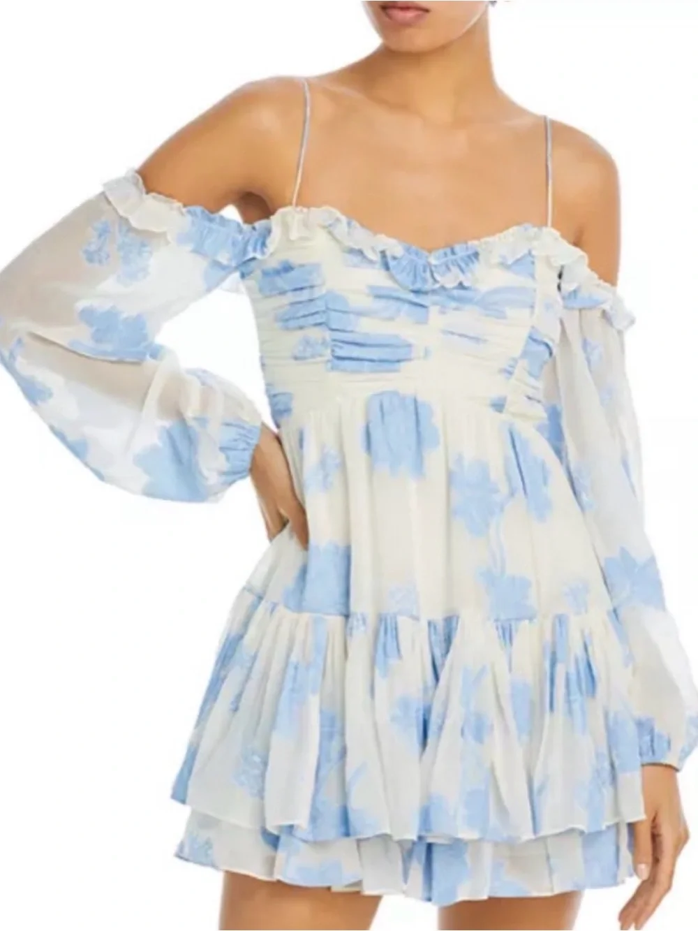 LoveShackFancy Blue and White Floral Off-Shoulder Mini Dress - Picture 4 of 5